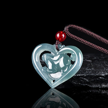 Natural Jade Love Heart Rabbit Luck Necklace Pendant
