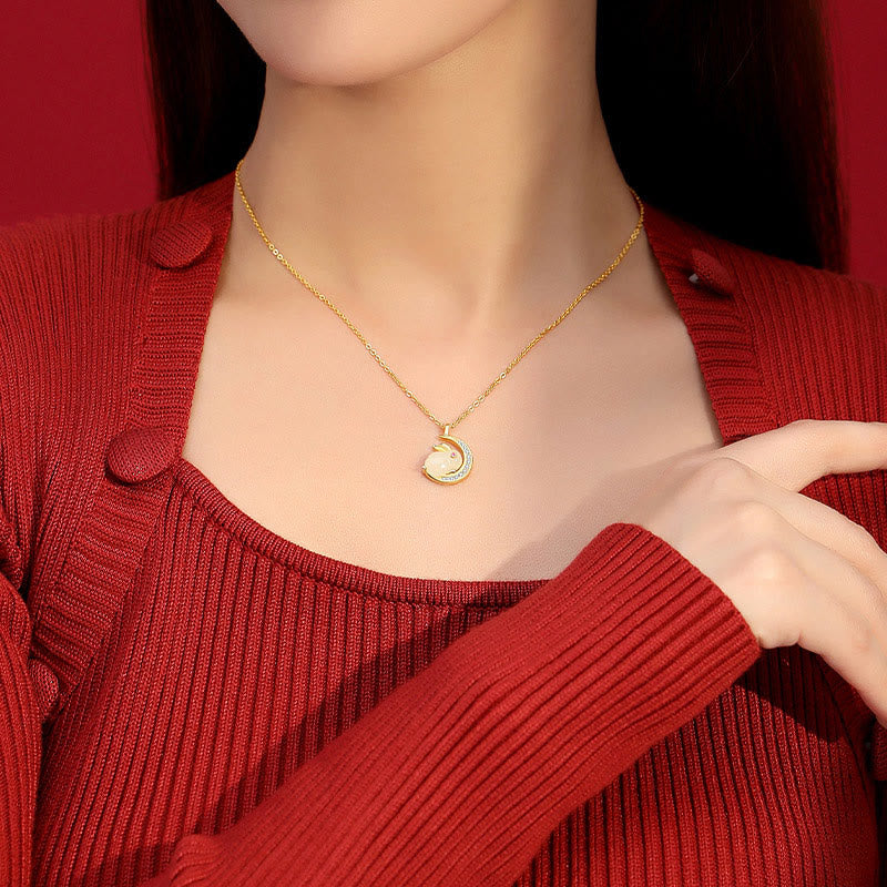 925 Sterling Silver Hetian White Jade Rabbit Crescent Moon Luck Necklace Pendant