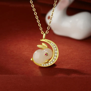 925 Sterling Silver Hetian White Jade Rabbit Crescent Moon Luck Necklace Pendant