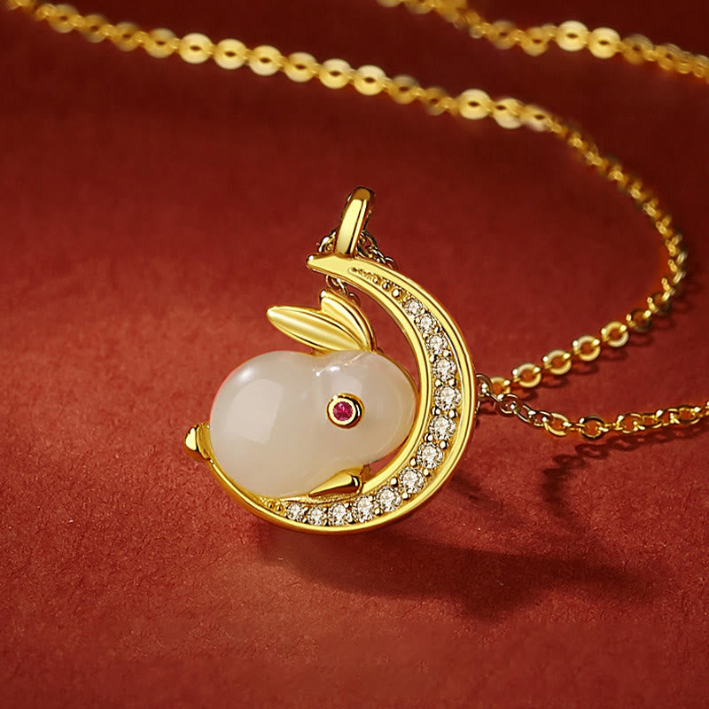 925 Sterling Silver Hetian White Jade Rabbit Crescent Moon Luck Necklace Pendant