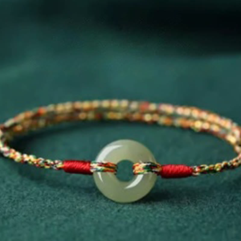 Handmade Colorful Rope Bracelet with Jade Ping An Kou Peace Buckle