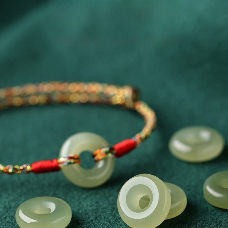 Handmade Colorful Rope Bracelet with Jade Ping An Kou Peace Buckle