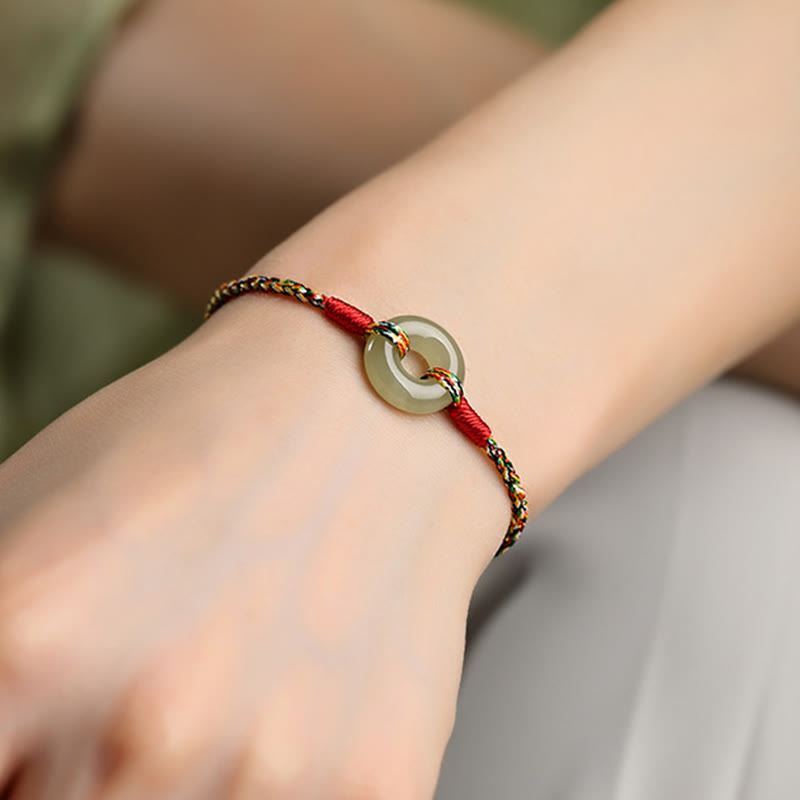 Handmade Colorful Rope Bracelet with Jade Ping An Kou Peace Buckle