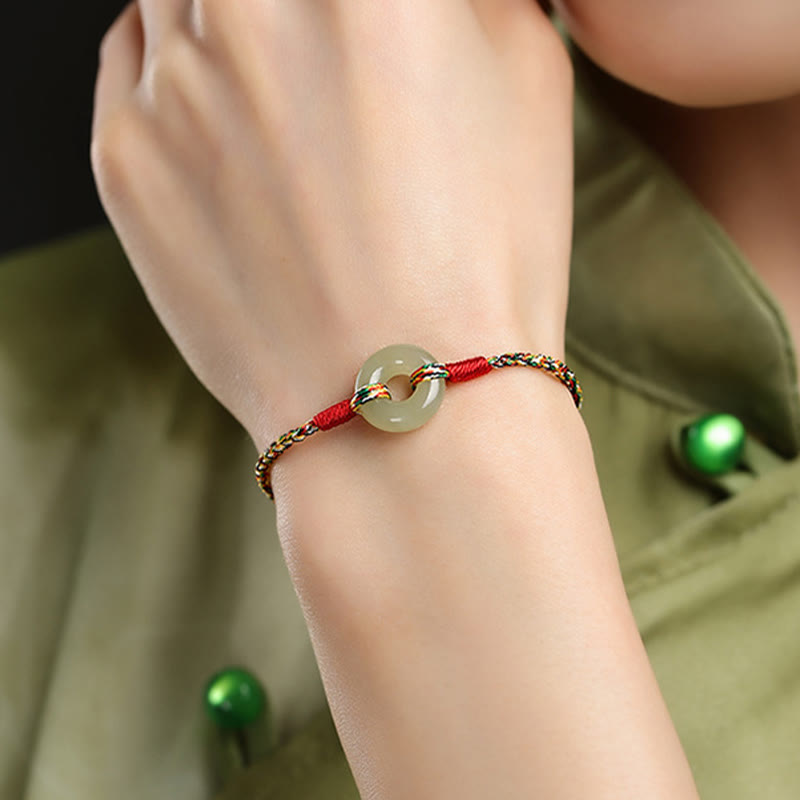 Handmade Colorful Rope Bracelet with Jade Ping An Kou Peace Buckle