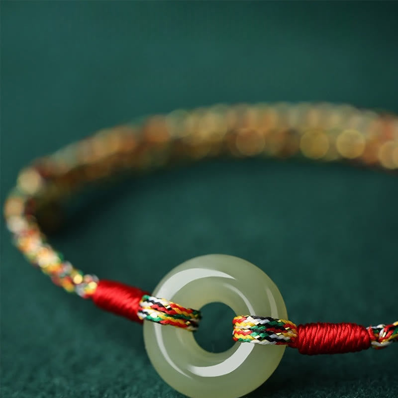 Handmade Colorful Rope Bracelet with Jade Ping An Kou Peace Buckle