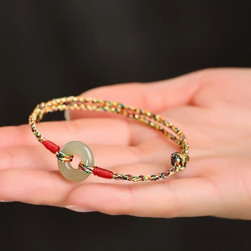 Handmade Colorful Rope Bracelet with Jade Ping An Kou Peace Buckle