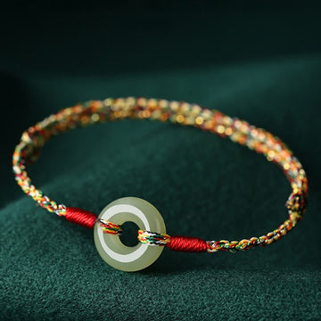 Handmade Colorful Rope Bracelet with Jade Ping An Kou Peace Buckle