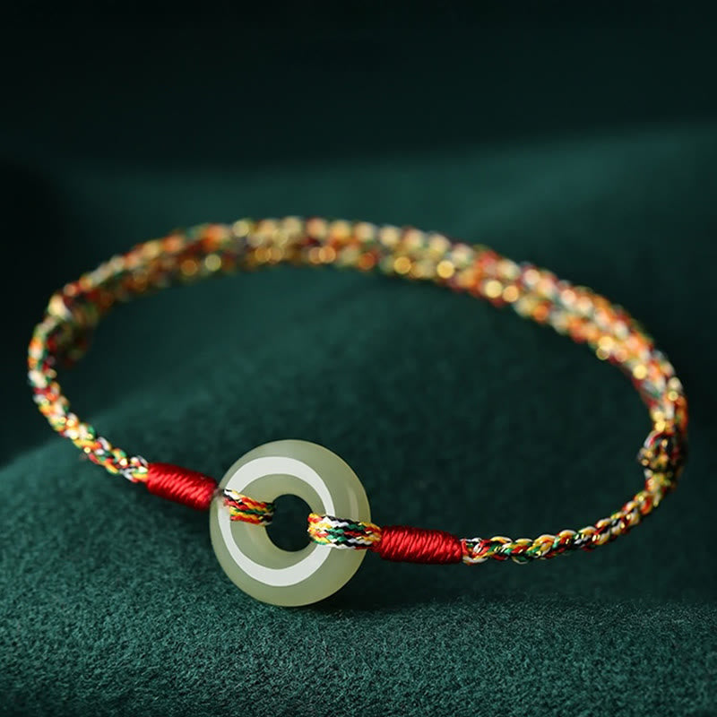 Handmade Colorful Rope Bracelet with Jade Ping An Kou Peace Buckle
