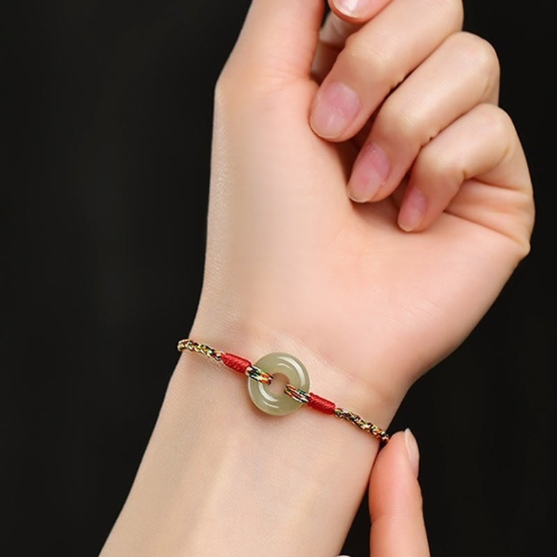 Handmade Colorful Rope Bracelet with Jade Ping An Kou Peace Buckle