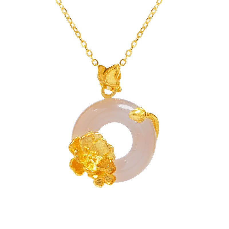 Natural 925 Sterling Silver White Chalcedony Peace Buckle Peach Blossom Butterfly Positive Necklace Pendant