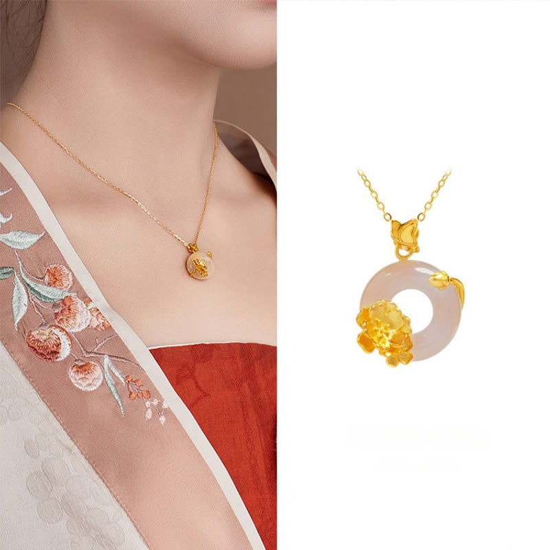 Natural 925 Sterling Silver White Chalcedony Peace Buckle Peach Blossom Butterfly Positive Necklace Pendant