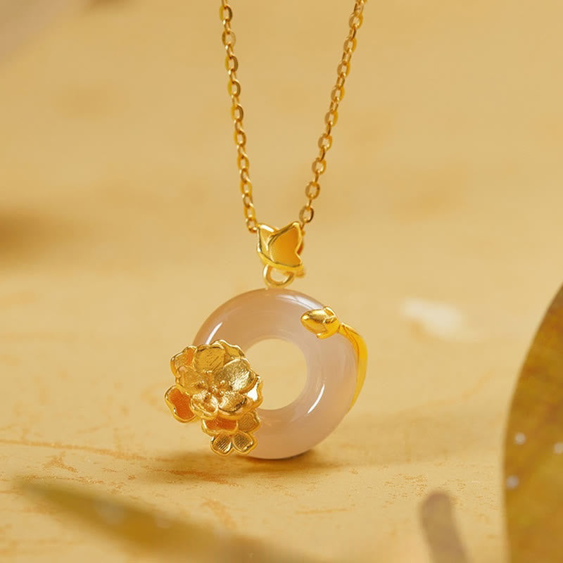 Natural 925 Sterling Silver White Chalcedony Peace Buckle Peach Blossom Butterfly Positive Necklace Pendant