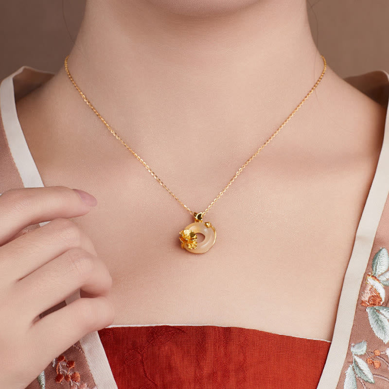 Natural 925 Sterling Silver White Chalcedony Peace Buckle Peach Blossom Butterfly Positive Necklace Pendant