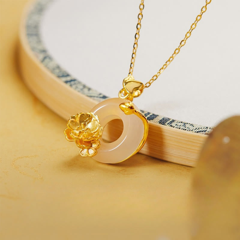 Natural 925 Sterling Silver White Chalcedony Peace Buckle Peach Blossom Butterfly Positive Necklace Pendant