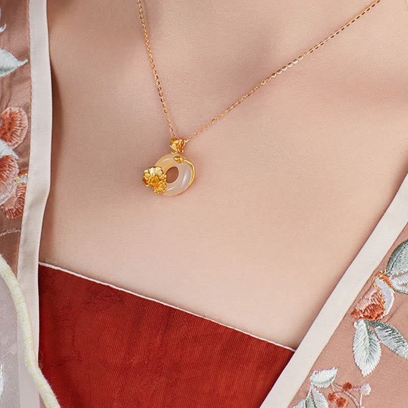 Natural 925 Sterling Silver White Chalcedony Peace Buckle Peach Blossom Butterfly Positive Necklace Pendant