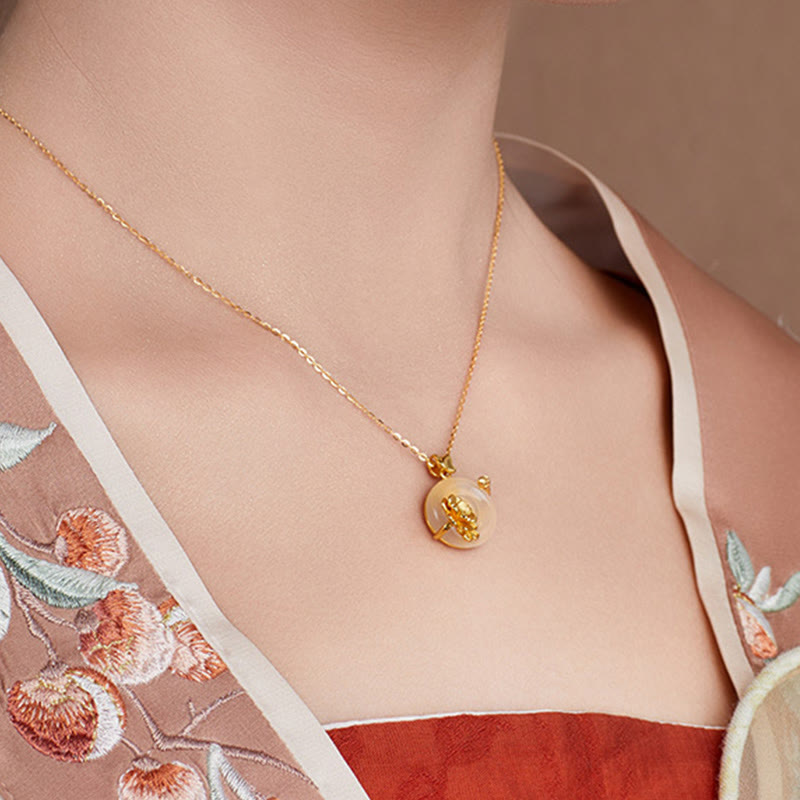 Natural 925 Sterling Silver White Chalcedony Peace Buckle Peach Blossom Butterfly Positive Necklace Pendant