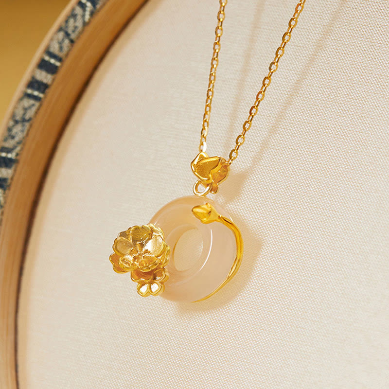 Natural 925 Sterling Silver White Chalcedony Peace Buckle Peach Blossom Butterfly Positive Necklace Pendant