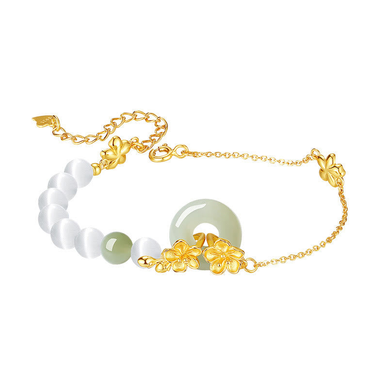 Natural Hetian Jade Ping An Kou Peace Buckle Peach Blossom 999 Sterling Silver Bracelet