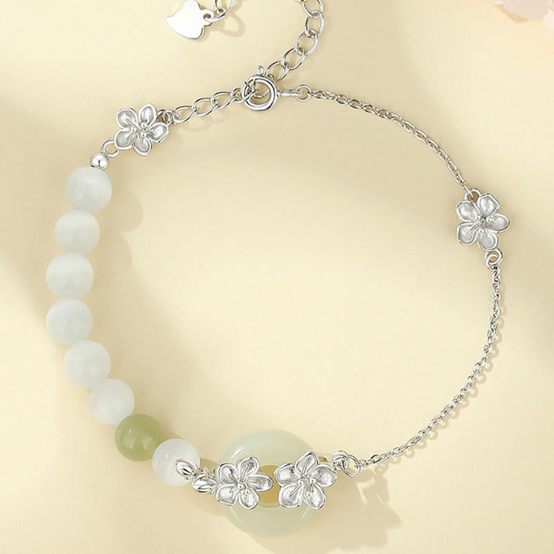 Natural Hetian Jade Ping An Kou Peace Buckle Peach Blossom 999 Sterling Silver Bracelet