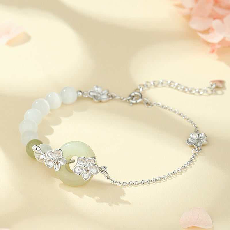 Natural Hetian Jade Ping An Kou Peace Buckle Peach Blossom 999 Sterling Silver Bracelet