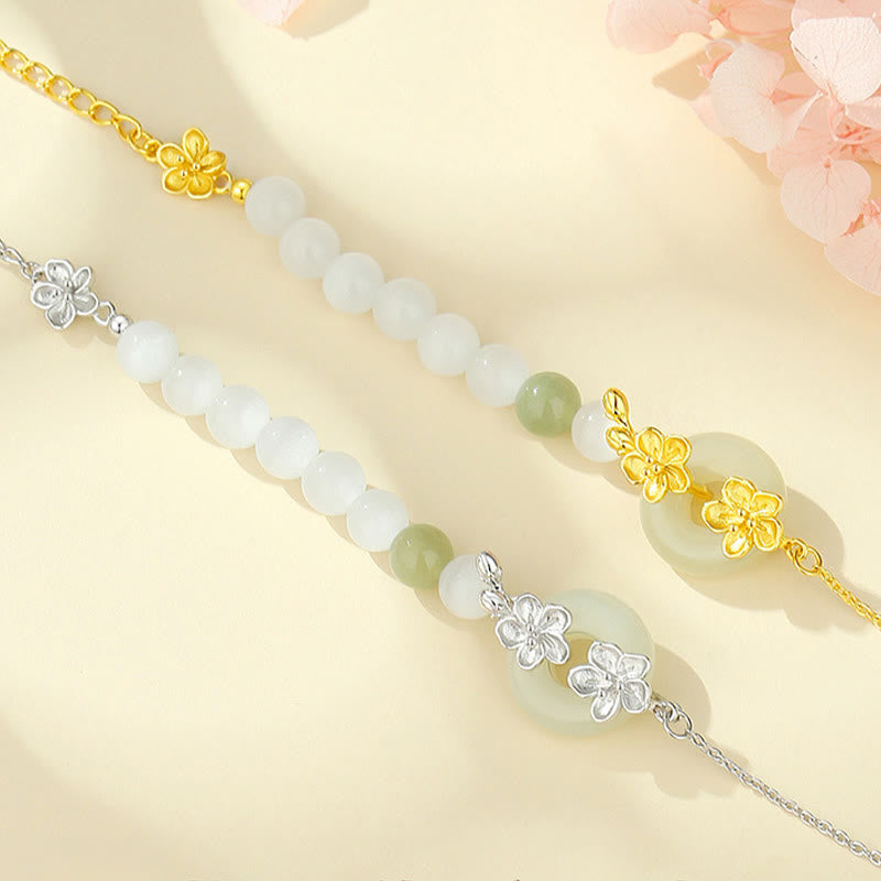 Natural Hetian Jade Ping An Kou Peace Buckle Peach Blossom 999 Sterling Silver Bracelet