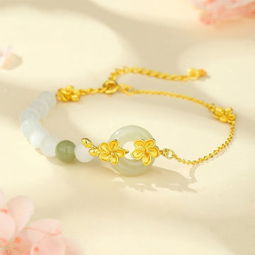 Natural Hetian Jade Ping An Kou Peace Buckle Peach Blossom 999 Sterling Silver Bracelet