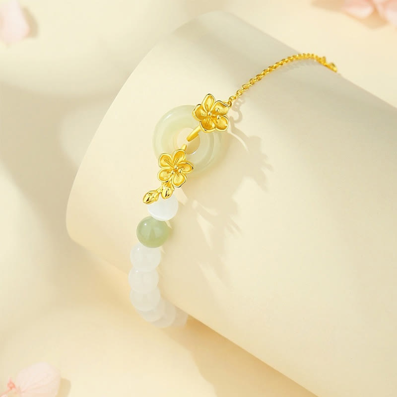 Natural Hetian Jade Ping An Kou Peace Buckle Peach Blossom 999 Sterling Silver Bracelet