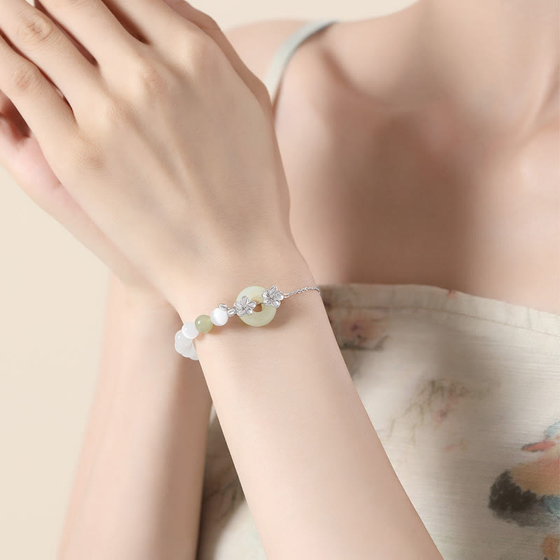 Natural Hetian Jade Ping An Kou Peace Buckle Peach Blossom 999 Sterling Silver Bracelet