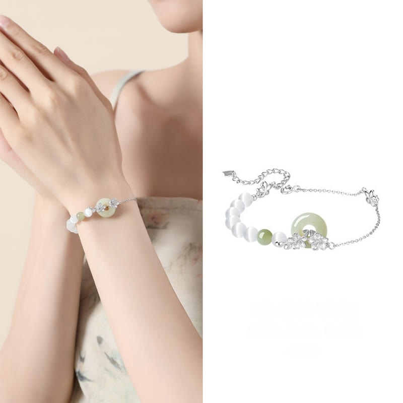 Natural Hetian Jade Ping An Kou Peace Buckle Peach Blossom 999 Sterling Silver Bracelet