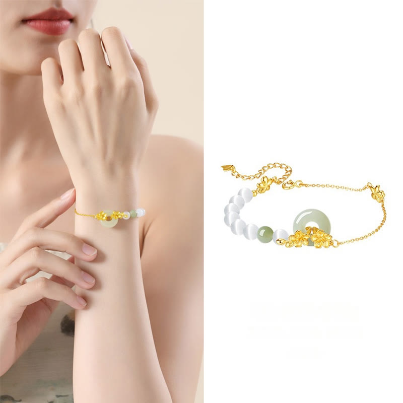 Natural Hetian Jade Ping An Kou Peace Buckle Peach Blossom 999 Sterling Silver Bracelet