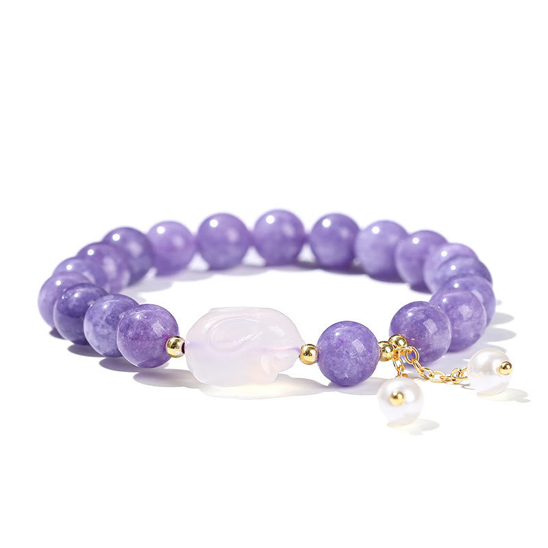 Natural Purple Chalcedony and Pearl Rabbit Beaded Bracelet