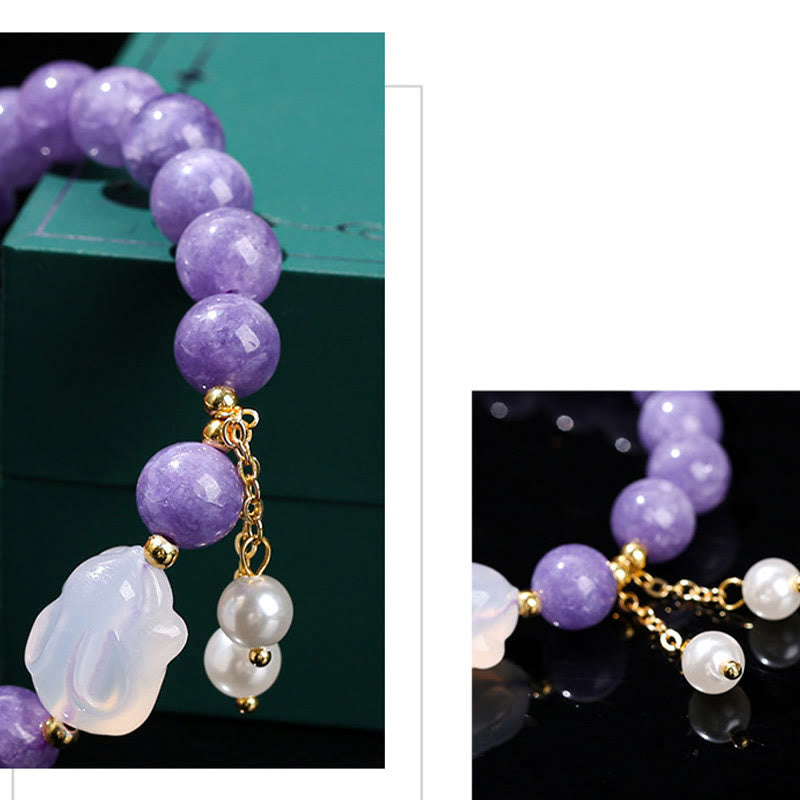 Natural Purple Chalcedony and Pearl Rabbit Beaded Bracelet