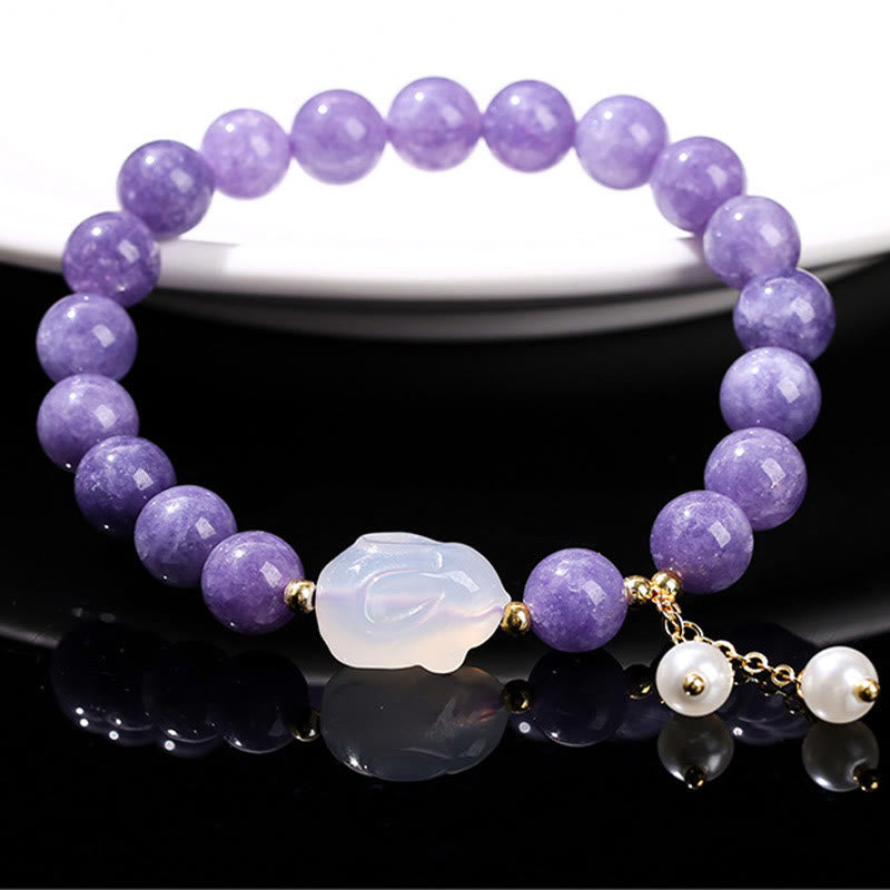 Natural Purple Chalcedony and Pearl Rabbit Beaded Bracelet
