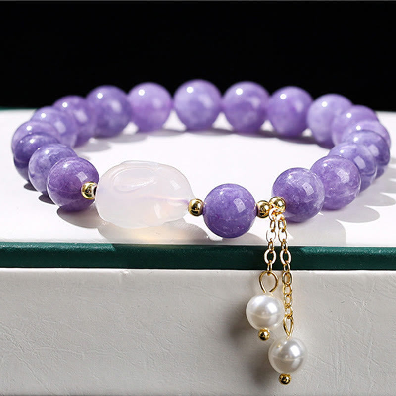 Natural Purple Chalcedony and Pearl Rabbit Beaded Bracelet
