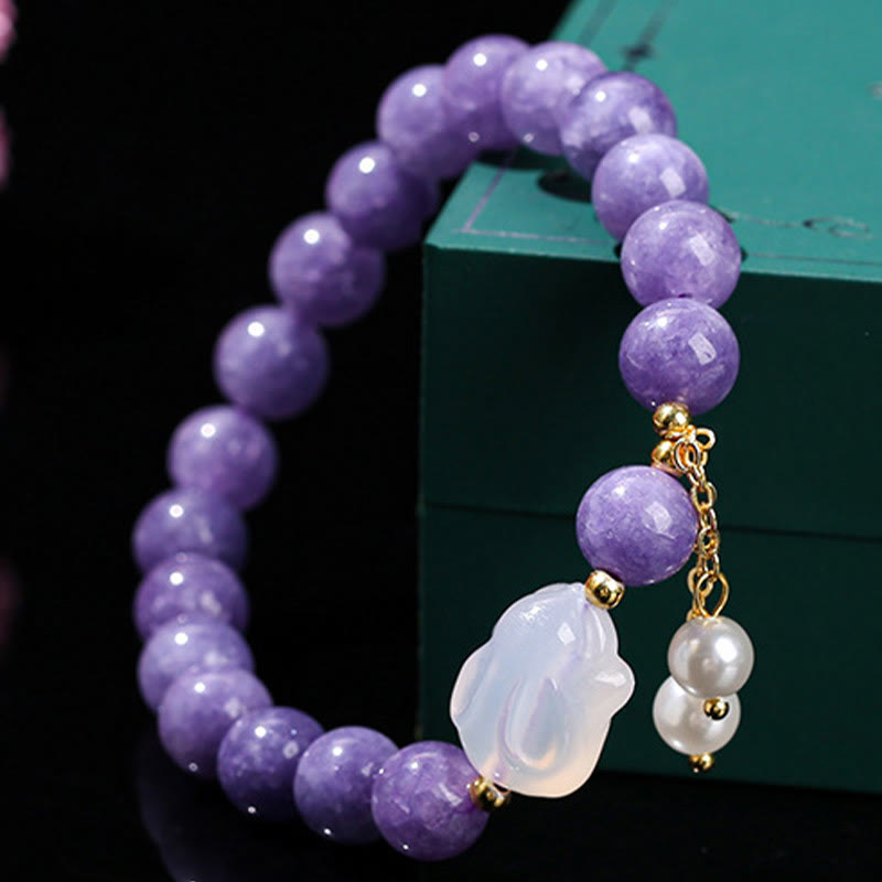 Natural Purple Chalcedony and Pearl Rabbit Beaded Bracelet