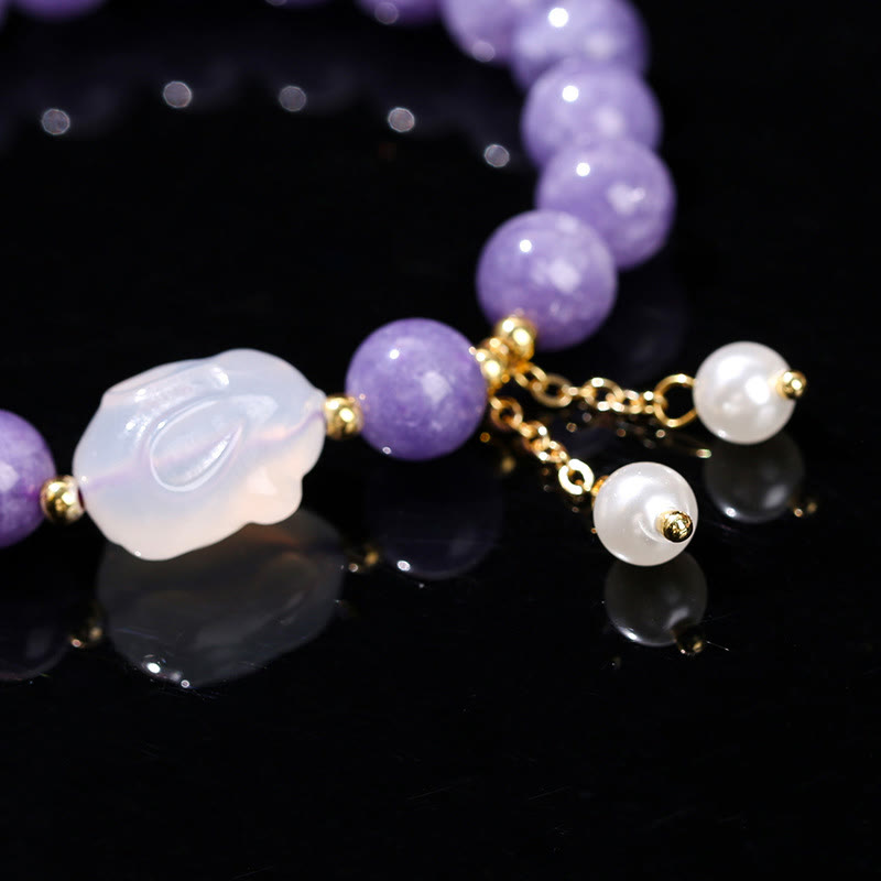 Natural Purple Chalcedony and Pearl Rabbit Beaded Bracelet