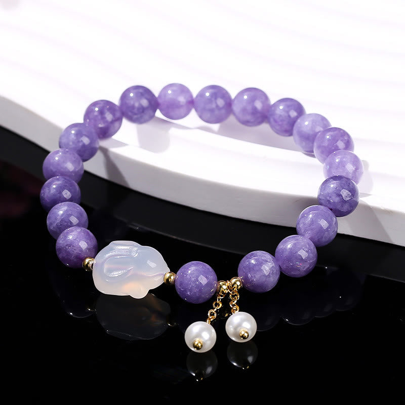 Natural Purple Chalcedony and Pearl Rabbit Beaded Bracelet