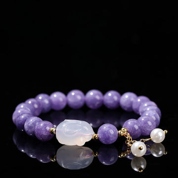 Natural Purple Chalcedony and Pearl Rabbit Beaded Bracelet