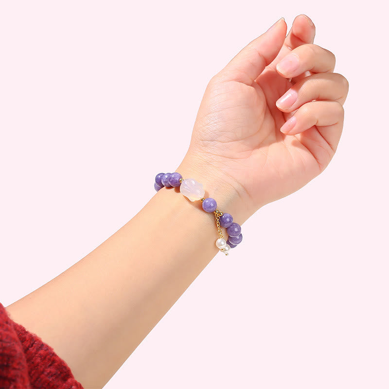 Natural Purple Chalcedony and Pearl Rabbit Beaded Bracelet