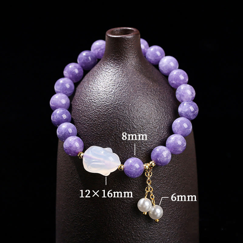 Natural Purple Chalcedony and Pearl Rabbit Beaded Bracelet