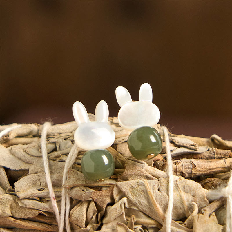 Tridacna Stone Cute Rabbit Hetian Jade Luck Earrings