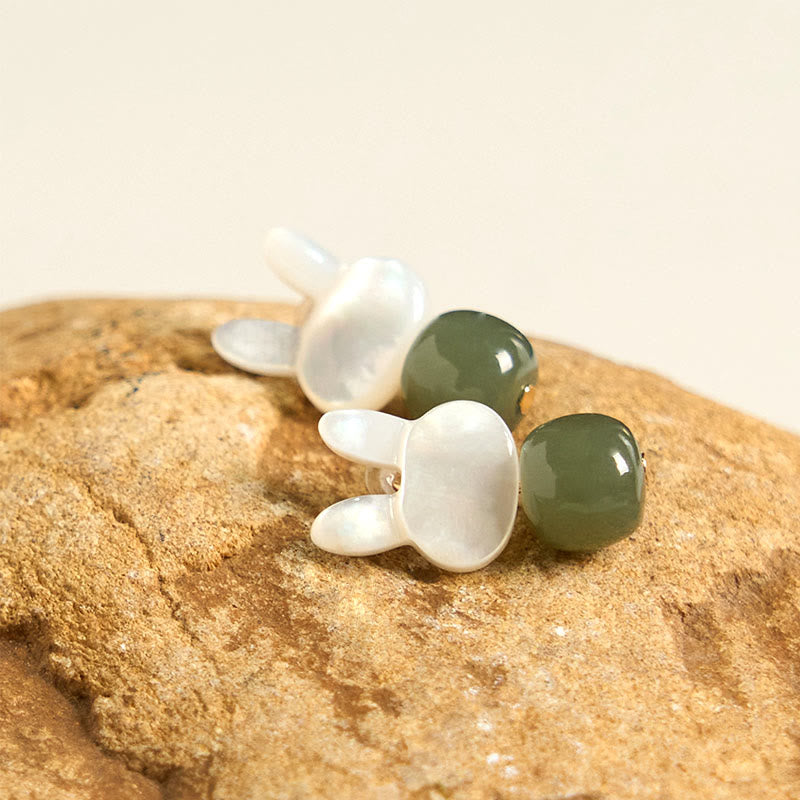 Tridacna Stone Cute Rabbit Hetian Jade Luck Earrings