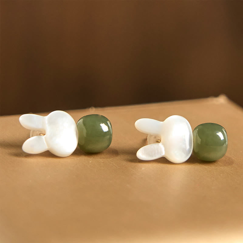 Tridacna Stone Cute Rabbit Hetian Jade Luck Earrings