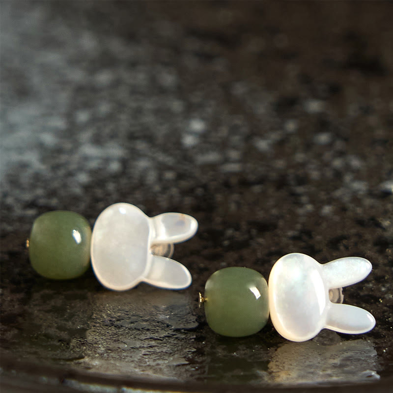 Tridacna Stone Cute Rabbit Hetian Jade Luck Earrings