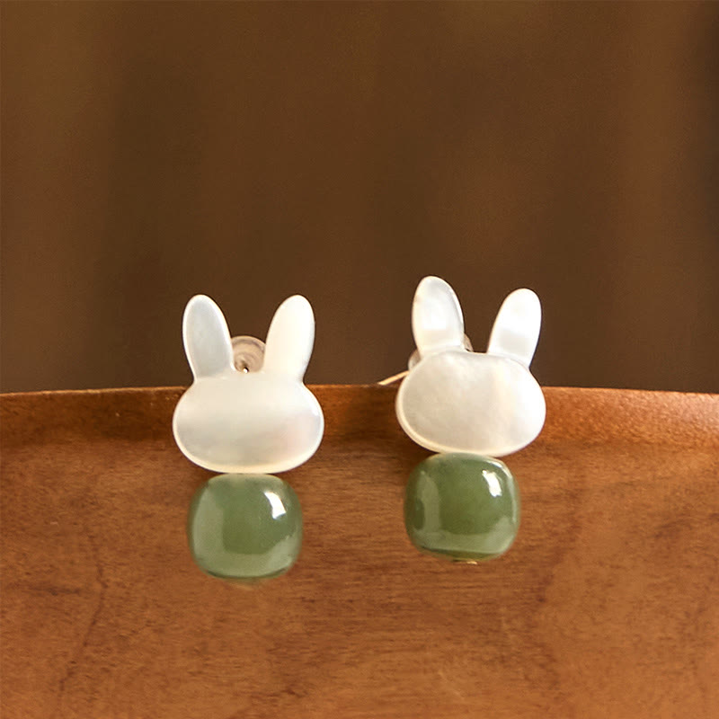 Tridacna Stone Cute Rabbit Hetian Jade Luck Earrings