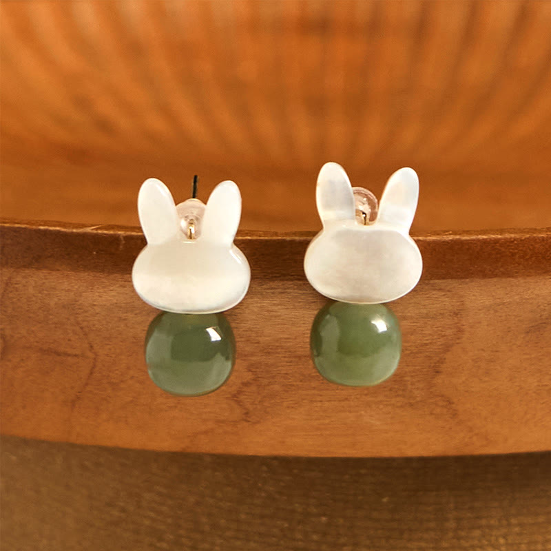 Tridacna Stone Cute Rabbit Hetian Jade Luck Earrings