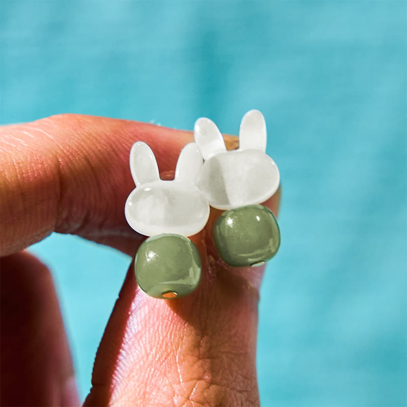 Tridacna Stone Cute Rabbit Hetian Jade Luck Earrings
