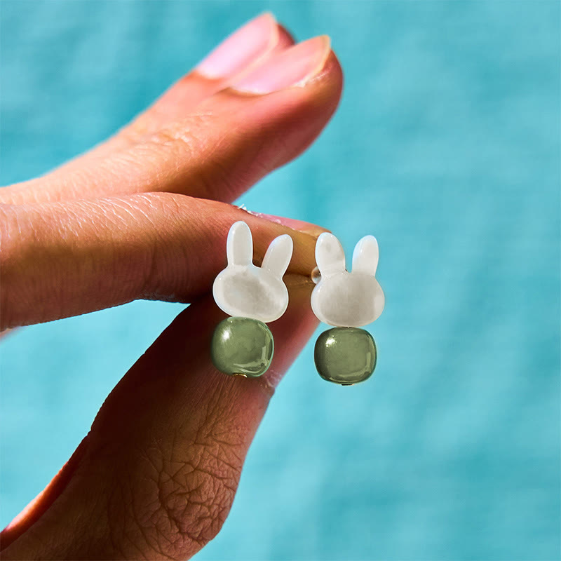 Tridacna Stone Cute Rabbit Hetian Jade Luck Earrings