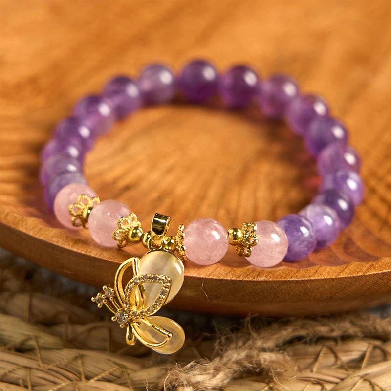 Natural Strawberry Quartz and Amethyst Crystal Butterfly Charm Bracelet