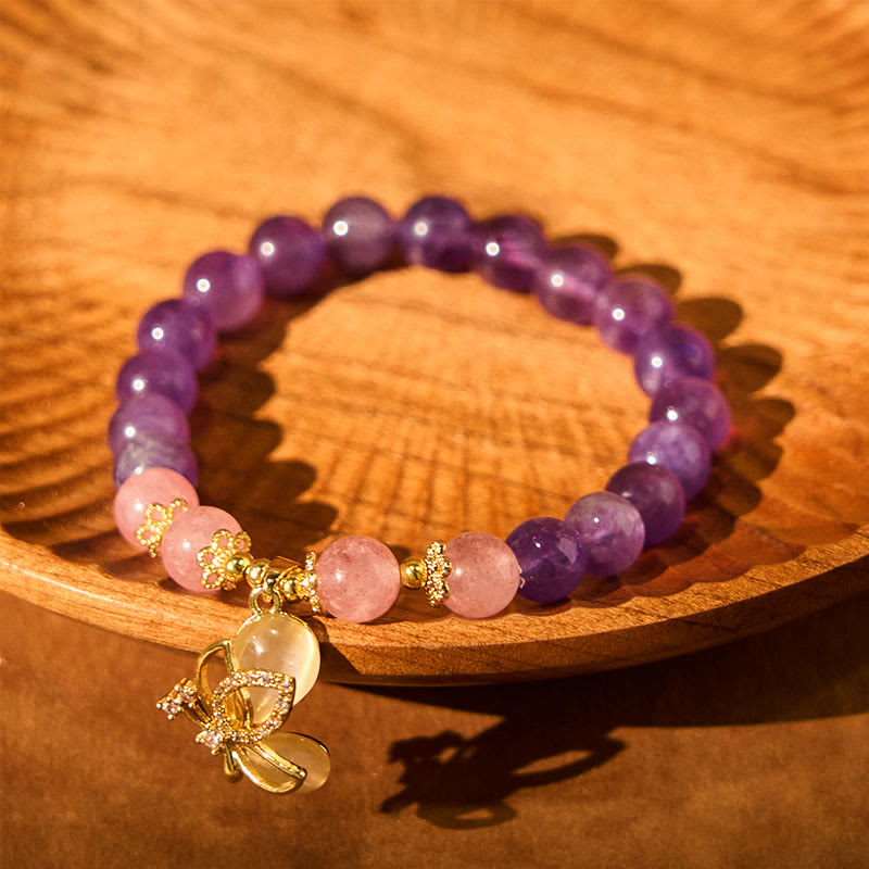 Natural Strawberry Quartz and Amethyst Crystal Butterfly Charm Bracelet